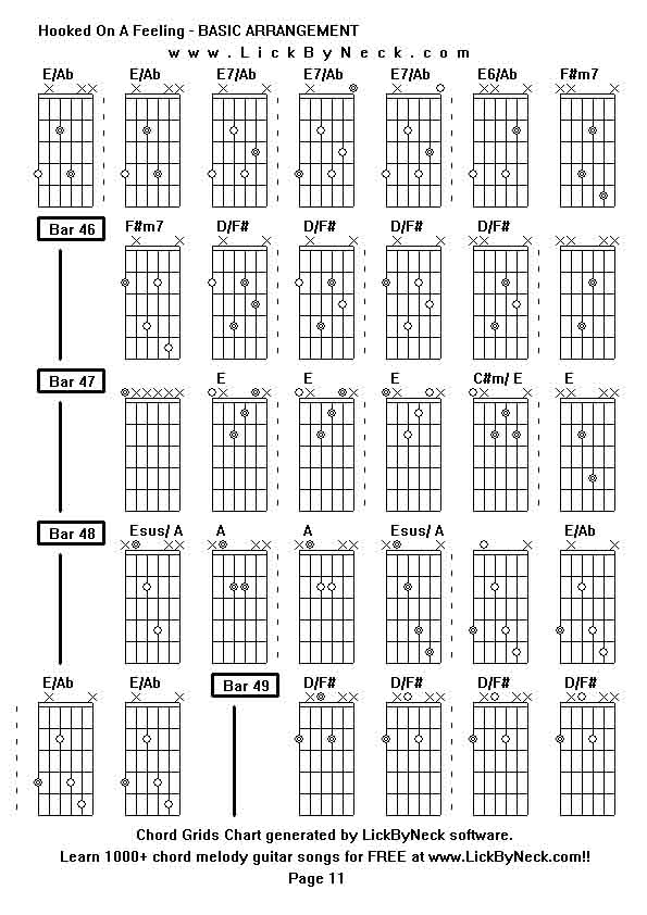 Chord Grids Chart of chord melody fingerstyle guitar song-Hooked On A Feeling - BASIC ARRANGEMENT,generated by LickByNeck software.